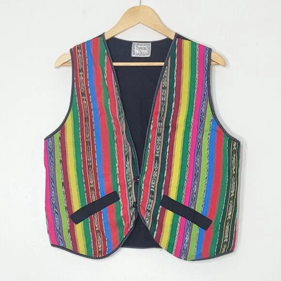 Tipicos Vintage Bohemian Multicolored Striped Button Front Vest Cotton Blend - Picture 2 of 9
